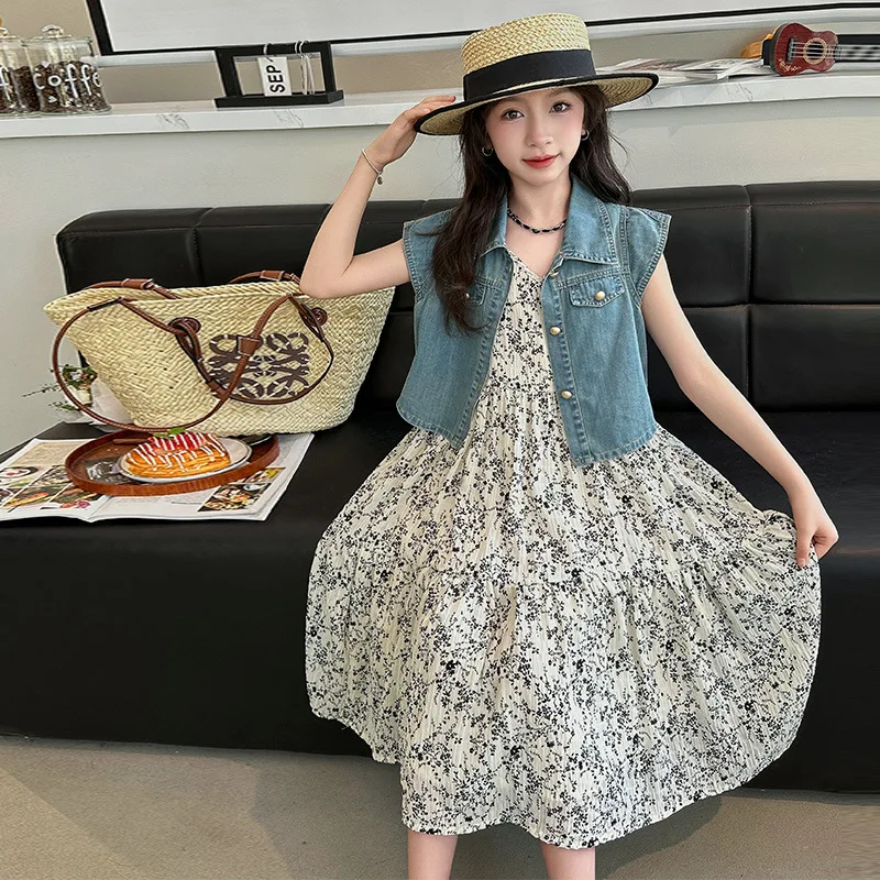 Teenager Girls Clothes Set Vest+Dress Suits Child 2-Pieces Of Denim Top+Floral Dresses Bottom Toddle Casual Dress Set Size 4-14Y