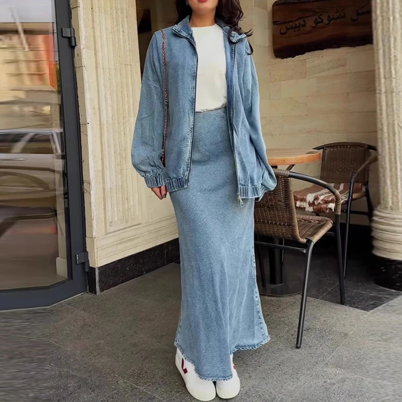 

BKQU Vintage Denim Jacket Skirt Set Women Chic Lapel Zipper Loose Full Sleeved Coat And Long Skirt Matching Casual Street Outfit