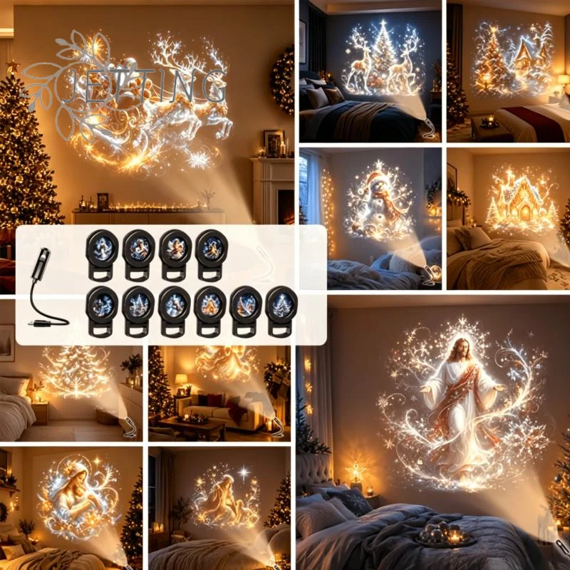 (DP11)USB Christmas Projector Light 10pc Pattern Adjustable Night Light Xmas Santa Snowman Church Nativity Projection Lamp Decor