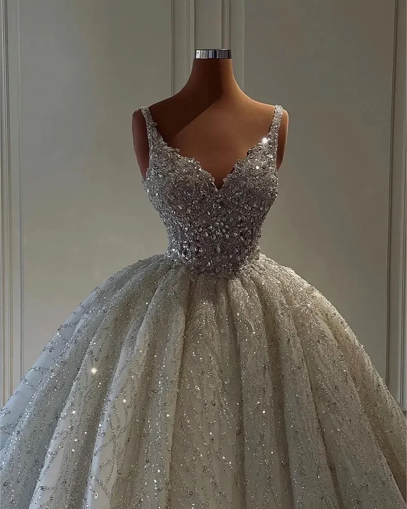 

Customized Gorgeous Sequineds Appliques Sparkly Crystals V-Neck Wedding Dress Bridal Gowns Robe