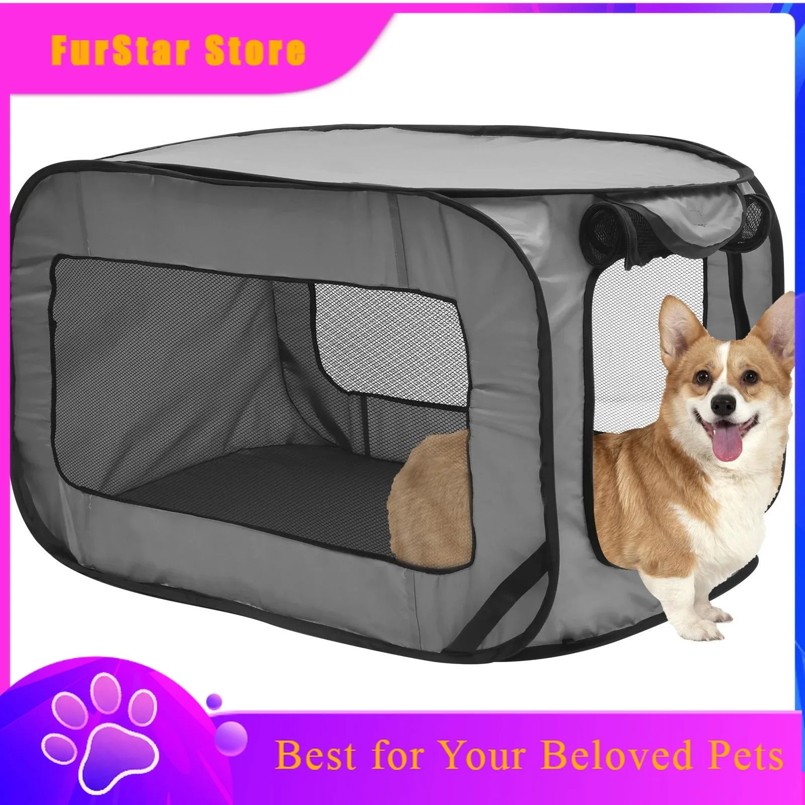 FurStarFoldable Dog Travel Crate Pop Up Puppy Carrier Crate With Zipper Mesh Door For Indoor Outdoor Dog Cat Network Pet Carrier