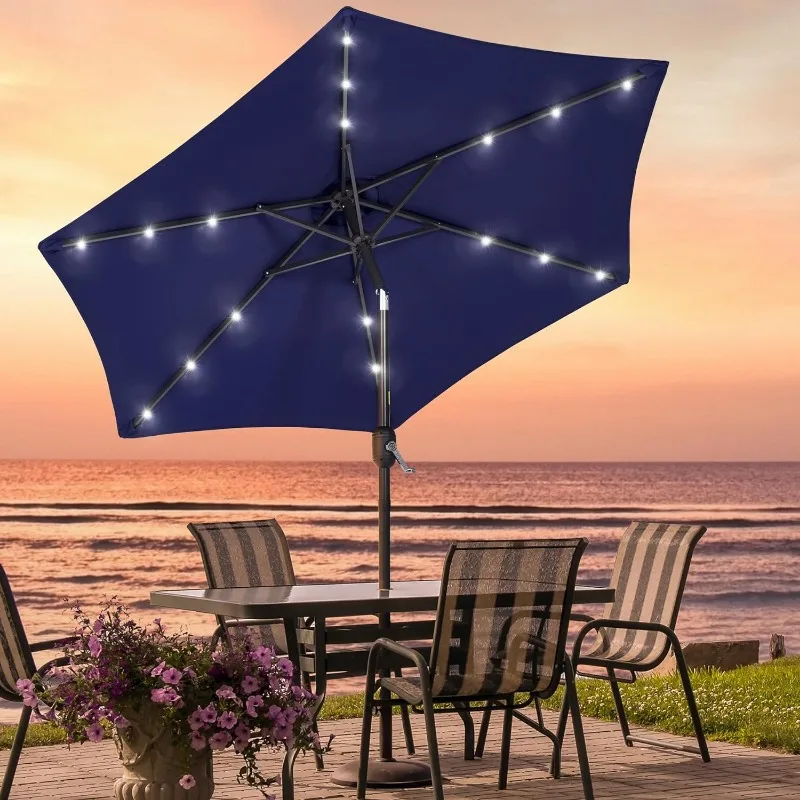 

18 LED Solar Patio Umbrella Outdoor 7.5ft Market Table Steel Umbrella with Tilt and Crank, Waterproof Sunshade Canopy