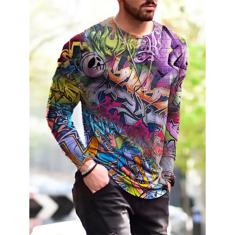 Street Hip Hop T-shirt Men Clothing O-neck Long Sleeve T Shirts 3D Print Graffiti Art Painting Fashion Autumn Harajuku Tees Top