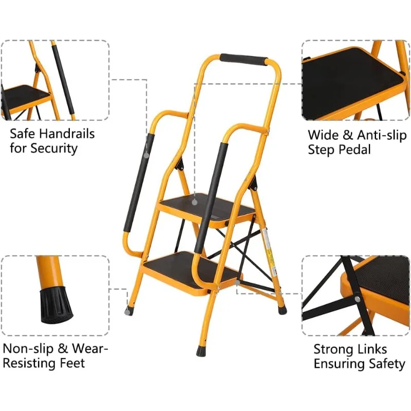 2 Step Ladder with Handrails, 500LBS Folding Step Stool, w/Non-Slip Side Armrests Large Pedal Area, Multi-use