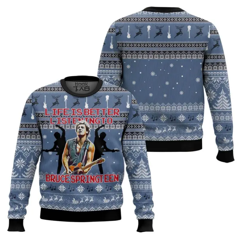 

Bruce Springsteen Christmas Hat Guitarist Ugly Sweater American Rock Christmas Outfit Festive Atmosphere Round Neck Pullover Top