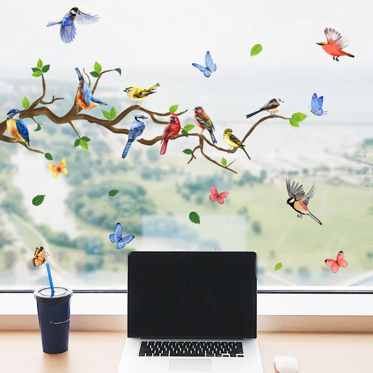 18*50cm Branch Bird Butterfly Glass Sticker Room Decor Window Sticker Children\'s Study Room Home Decoration Wall Sticker Ct4033