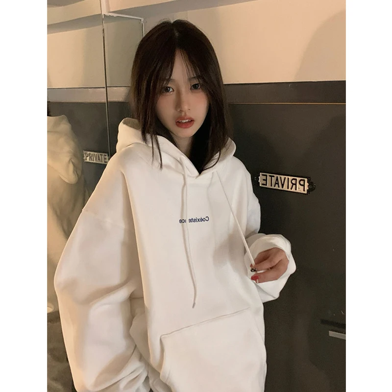 Fashion Dark Grey Hoodie Fleece Thicken Sweatshirt Long Sleeve Korean Letter Printing Baggy Female Tops Pullover Hoodie Autumn