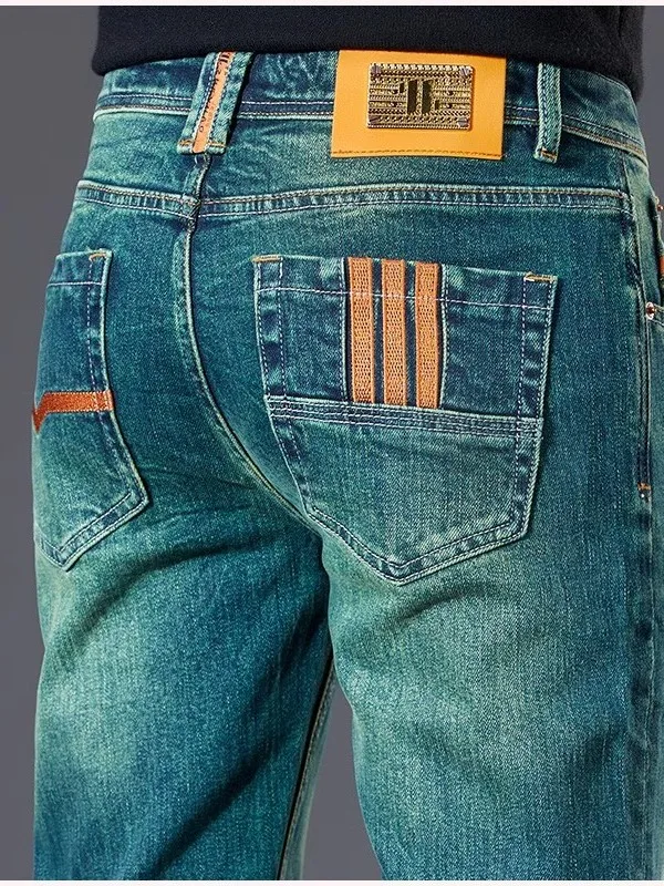 Elegant Emerald Green Slim Fit Men's Jeans High End Luxury Brand Buckle Casual Wear Resistant Stainproof mid Waist Zipper