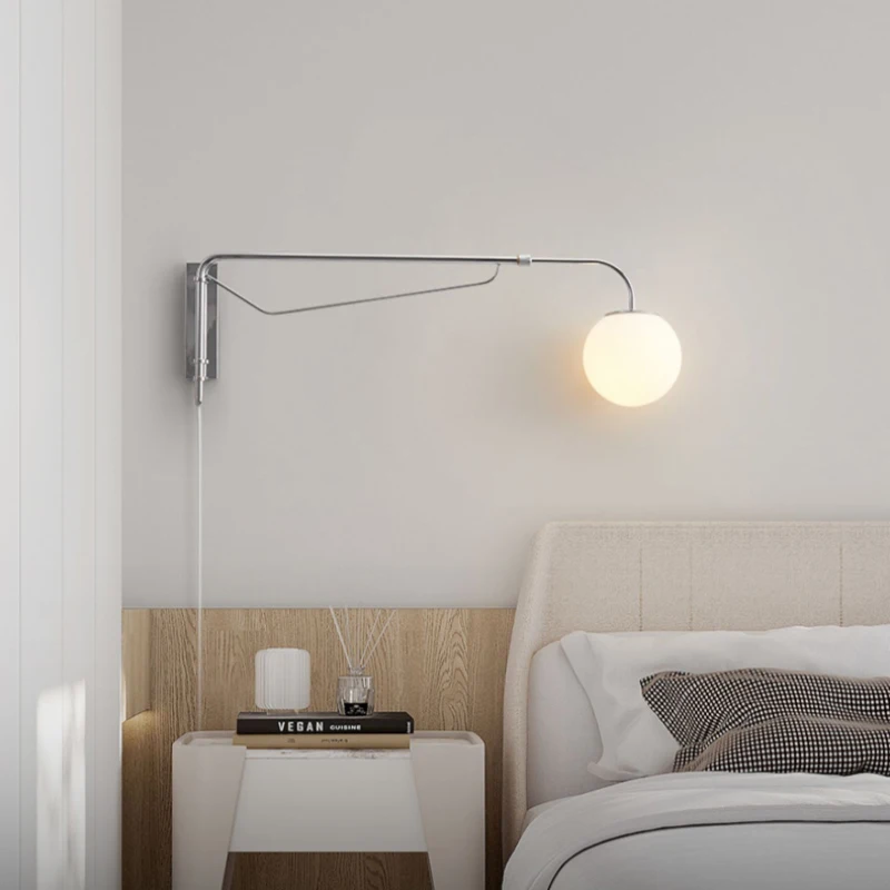 Imagem -03 - Moderno Led Balancim Lâmpadas de Parede Quarto Cabeceira Sala Estar Leitura Parede Luz Retrátil Leitoso Vidro Branco Bolha Lâmpada Prata