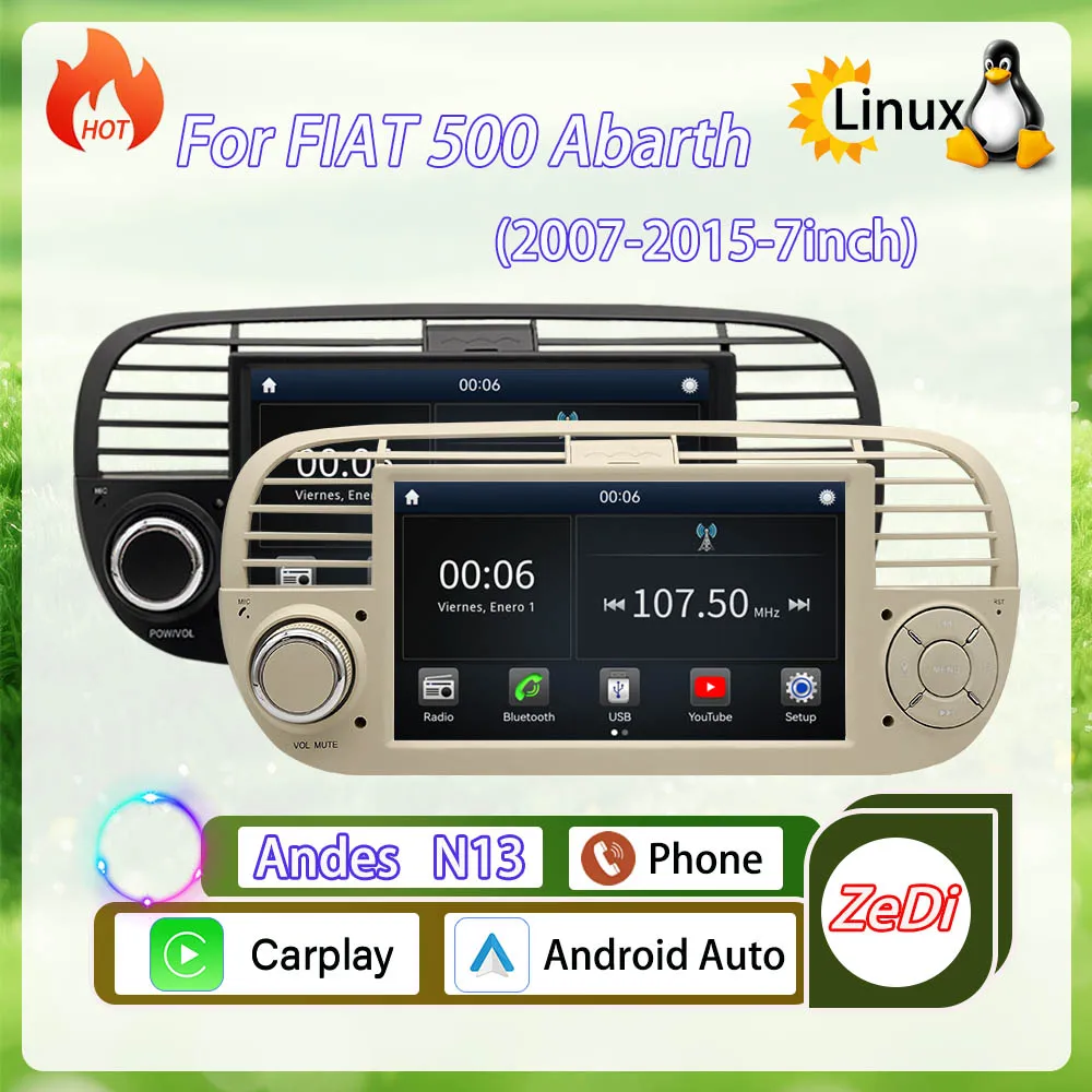 For FIAT 500 Abarth  (2007-2015-7inch)2026 new, Linux system,wireless CarPlay in-car navigation, video player, Bluetooth GPS