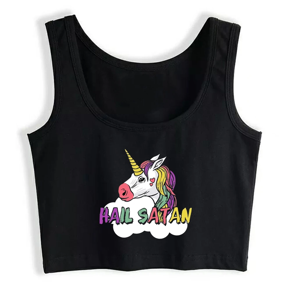 Cute Unicorn Hail Satan Pagan Pentacle Graphics Tank Tops Women's Sexy Slim Fit Crop Top Cotton Sports Fitness Camisole