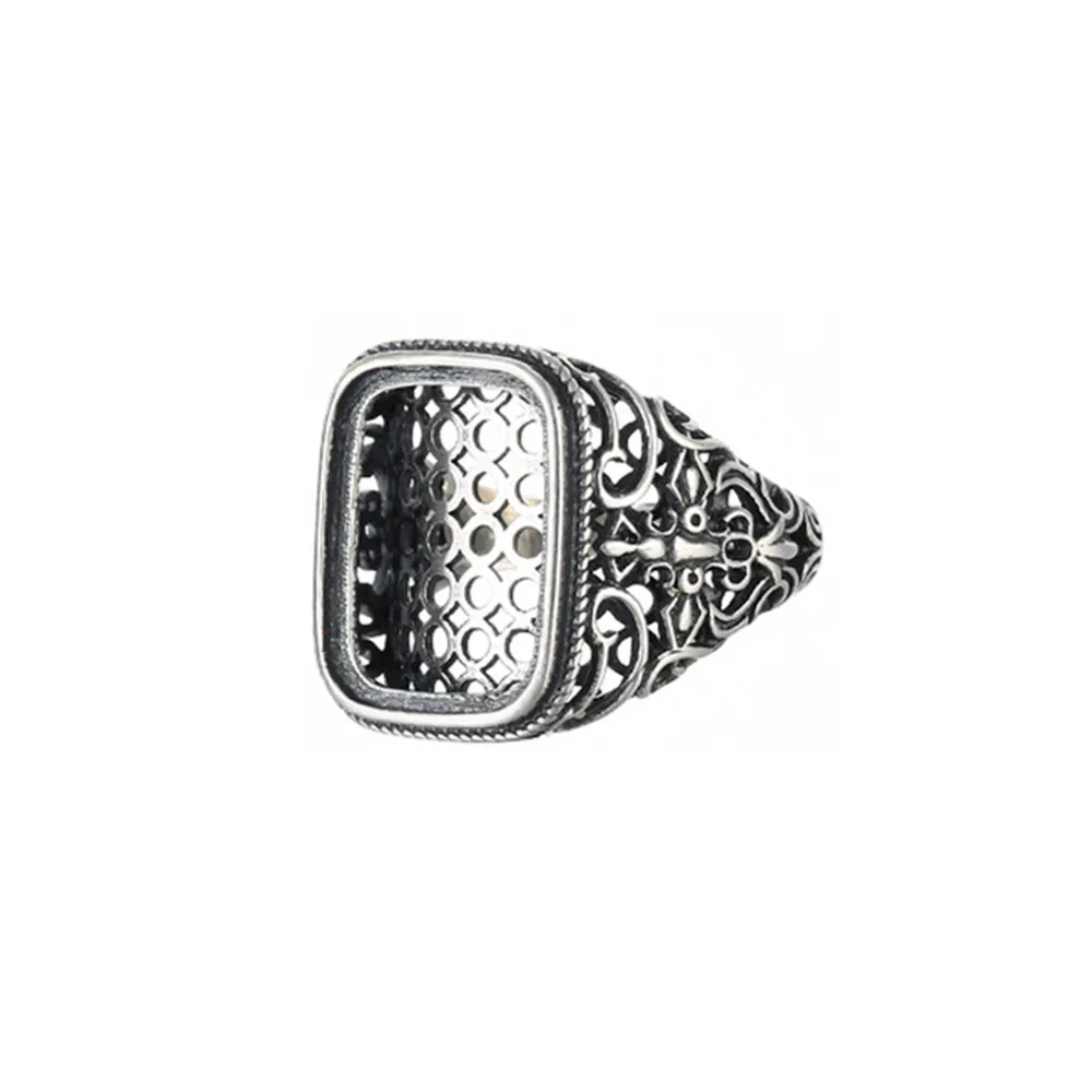 

Men's Ring Blank (14x18mm Rectangle Blank) Adjustable Thai Sterling Silver Vintage Style Rectangle Cabochon Ring Base