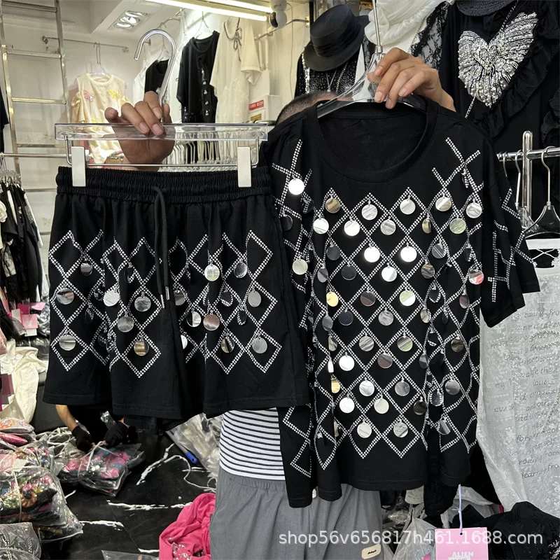 Summer Women Hot Drilling Plaids Diamonds Beaded T-Shirts Big Sequined Grids Tees Crop Tops + Elastic High Waist Shorts 2Pcs Set