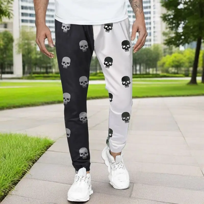 

Мужские модные черно-белые лоскутные брюки-карго Y2K, модные мужские повседневные брюки для спортзала с принтом черепа на Хэллоуин, Techwear Pantalones