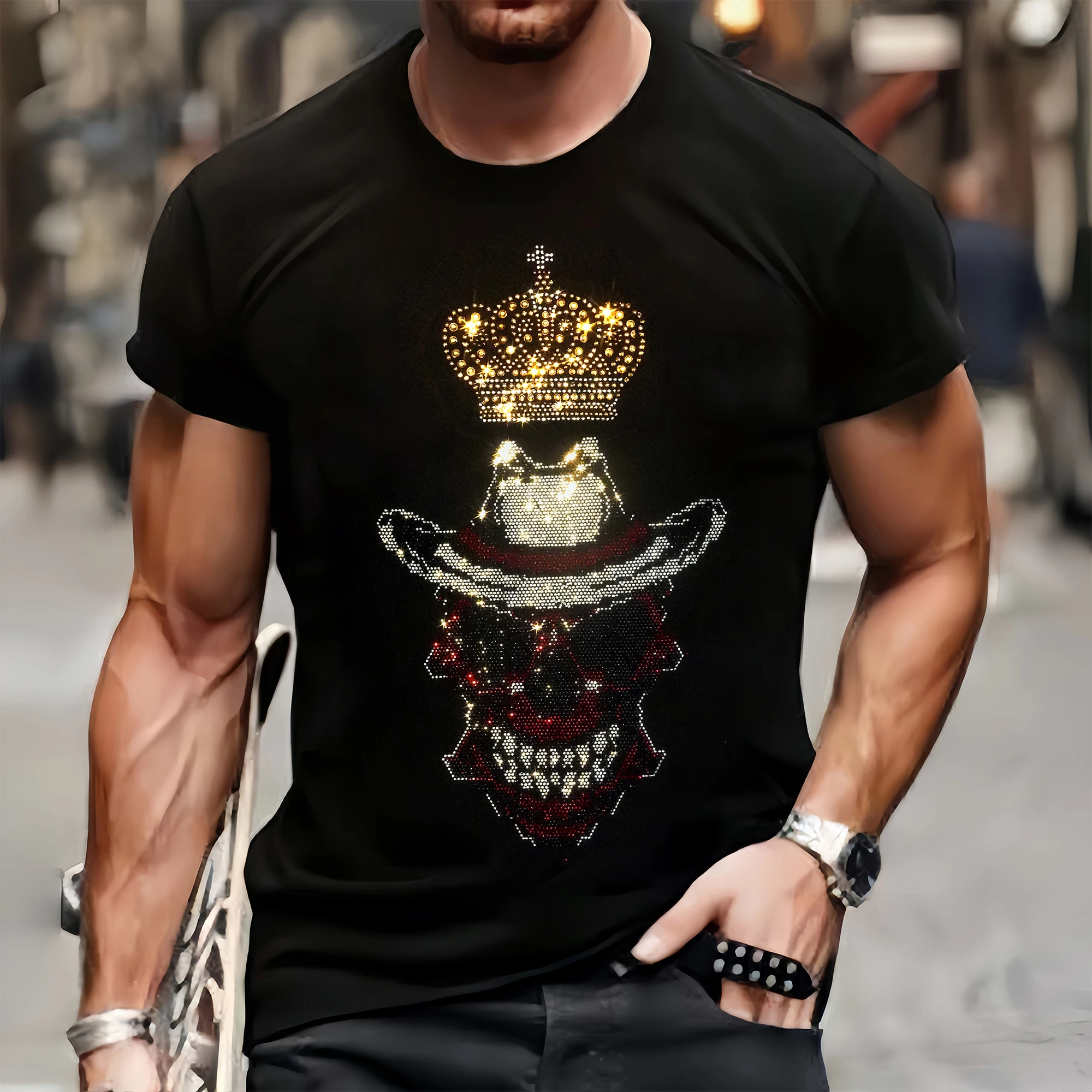 Luxury Mens Quality T-Shirts Casual Short Sleeve Clothing Tee Tops O-Neck Clown Rhinestone Draily Tshirt Y2k Oversized S-3XL New