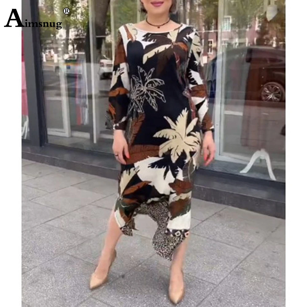 Women Long Sleeves Irregular Chiffon Party Dress Plus Size Female Boho Flower Print Befree Dress Ladies Elegant Mid-Calf Dresses