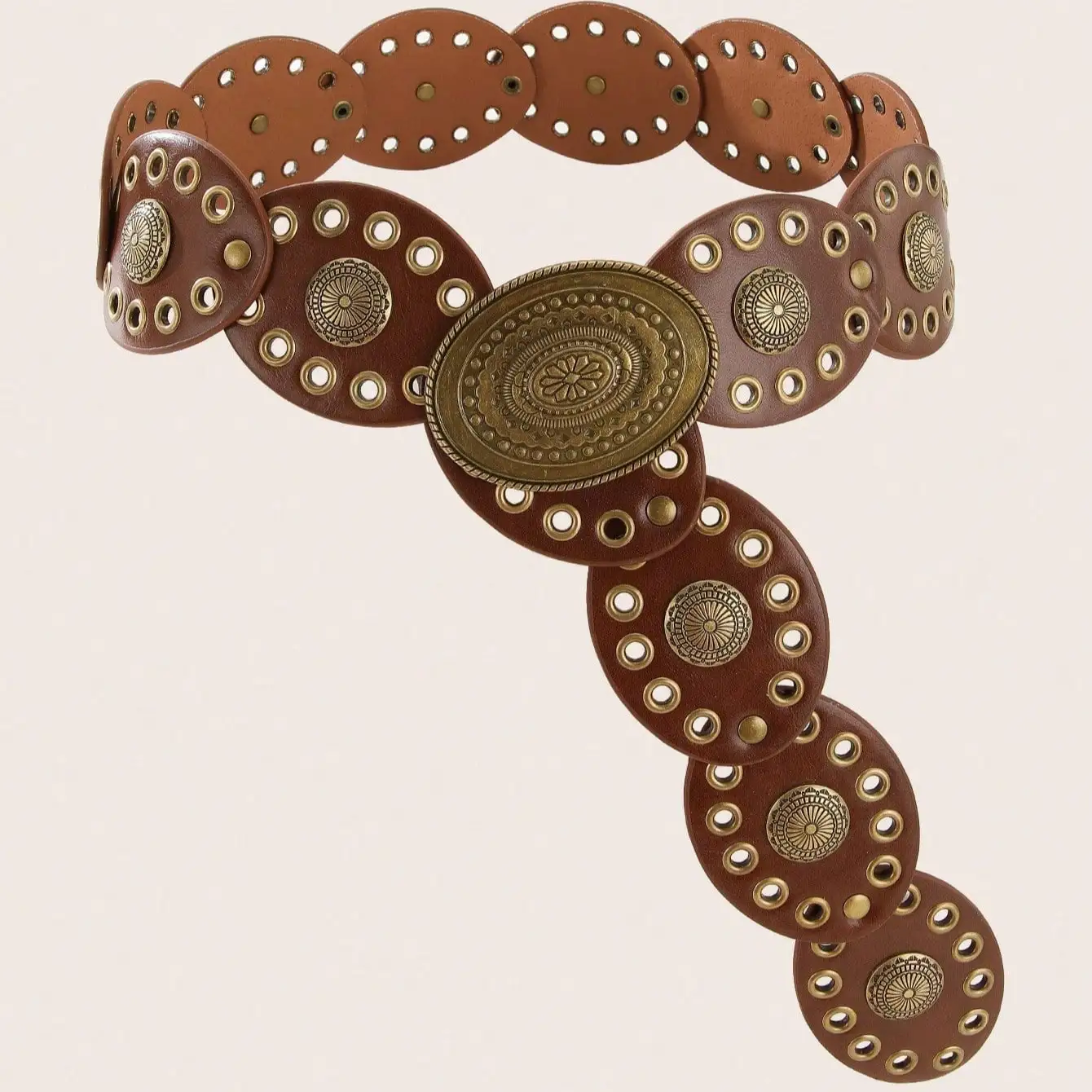 ヴィンテージ風中空リベットワイドベルト-ブラウンメタルパターンバックル-レディースウエストシンチベルト-ファッション装飾ウエストシール