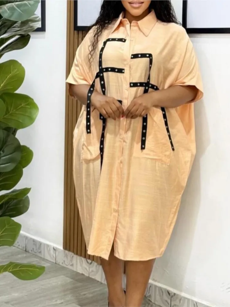 Nova moda feminina solta vestido casual primavera temperamento viajando lapela personalidade rua costura camisa de manga curta vestido