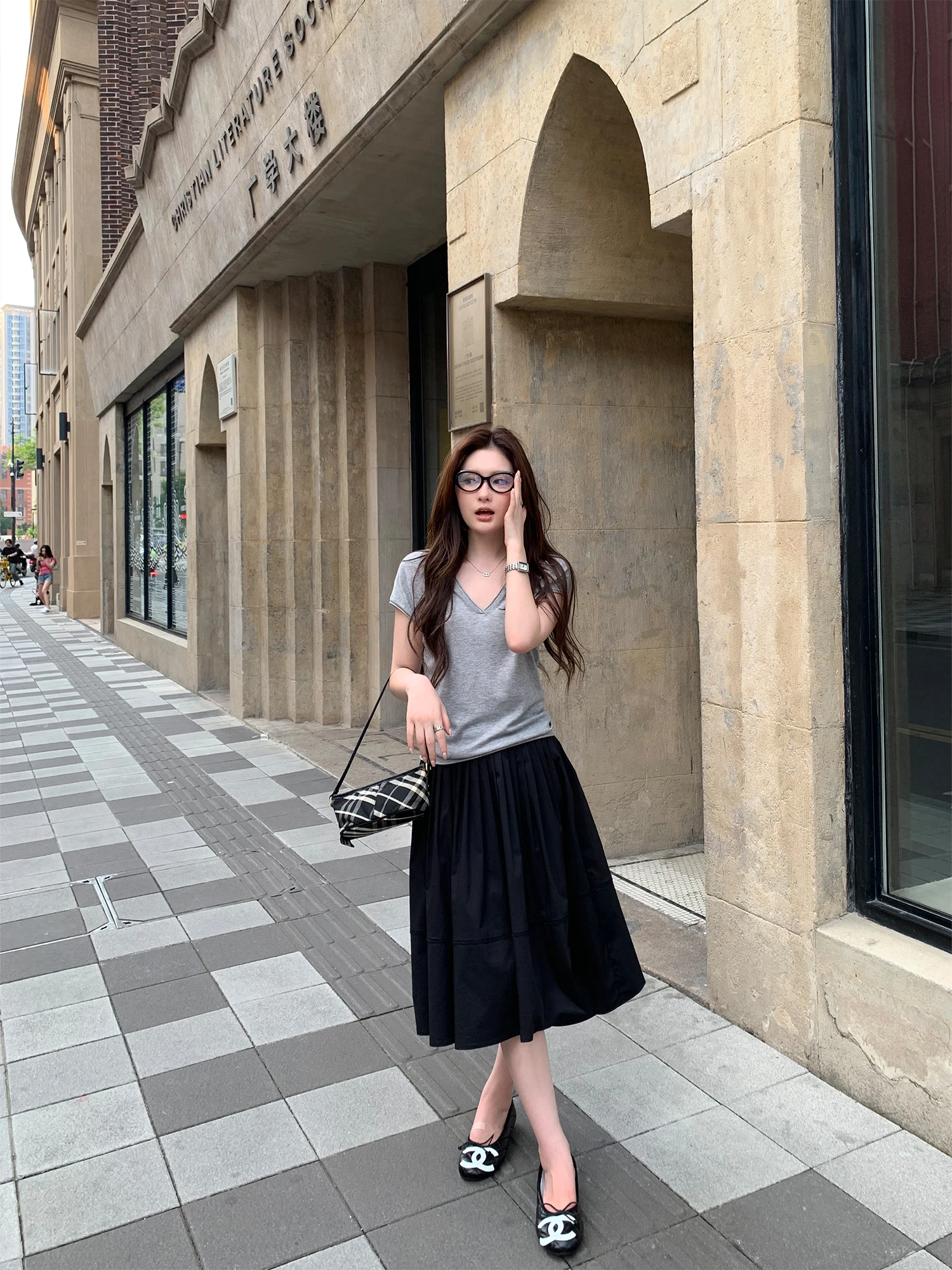 Pusumede High Waist Pleated Half Skirt Women's Beautiful Unique Splice Anti-Aging A-Line Skirt Cotton Nylon Spandex Blend