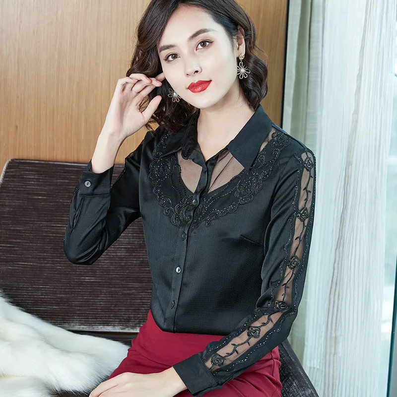 VENTE automne chemise en mousseline de soie pour les femmes 2025 nouvelle dentelle brodée Patchwork Satin tempérament chemise