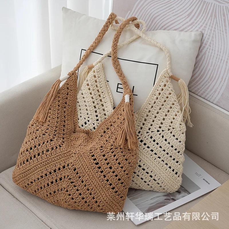 Summer Hollowed Out Cow Horn Shoulder Bag Large Capacity Commuting Cotton Rope Woven Bag Vacation Leisure Beach Bag Women\'s Bag