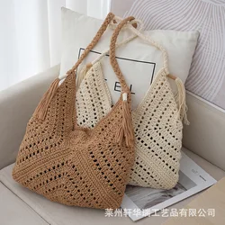 Summer Hollowed Out Cow Horn Shoulder Bag Large Capacity Commuting Cotton Rope Woven Bag Vacation Leisure Beach Bag Women's Bag