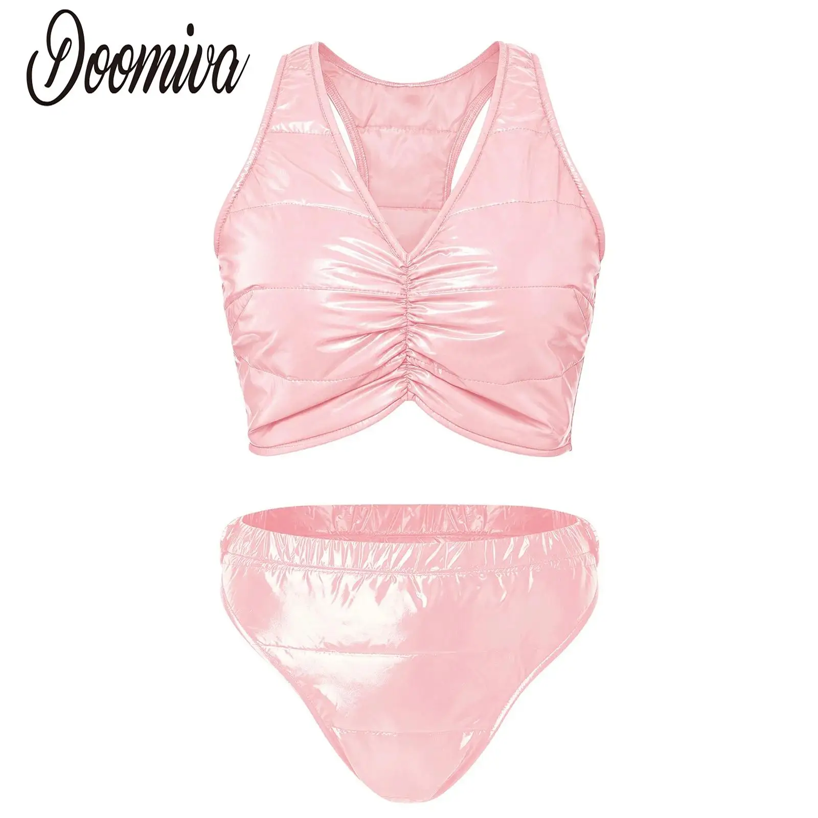 Women Water-resistant Padded Pool Party Outfits Glossy Swimwear V-neck Sleeveless Ruched Front Side Zipper Crop Top with Briefs