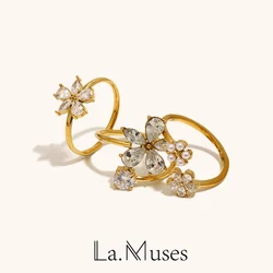 La. Muses Luxury Sparkling Cubic Zirconia Flower Stainless steel Women's Open Ring High-end Waterproof Jewelry Gifts