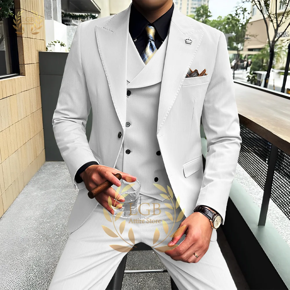 Custom-made men's 3-piece suit, featuring a stylish and elegant peak lapel jacket, shawl collar vest and trousers, a formal suit