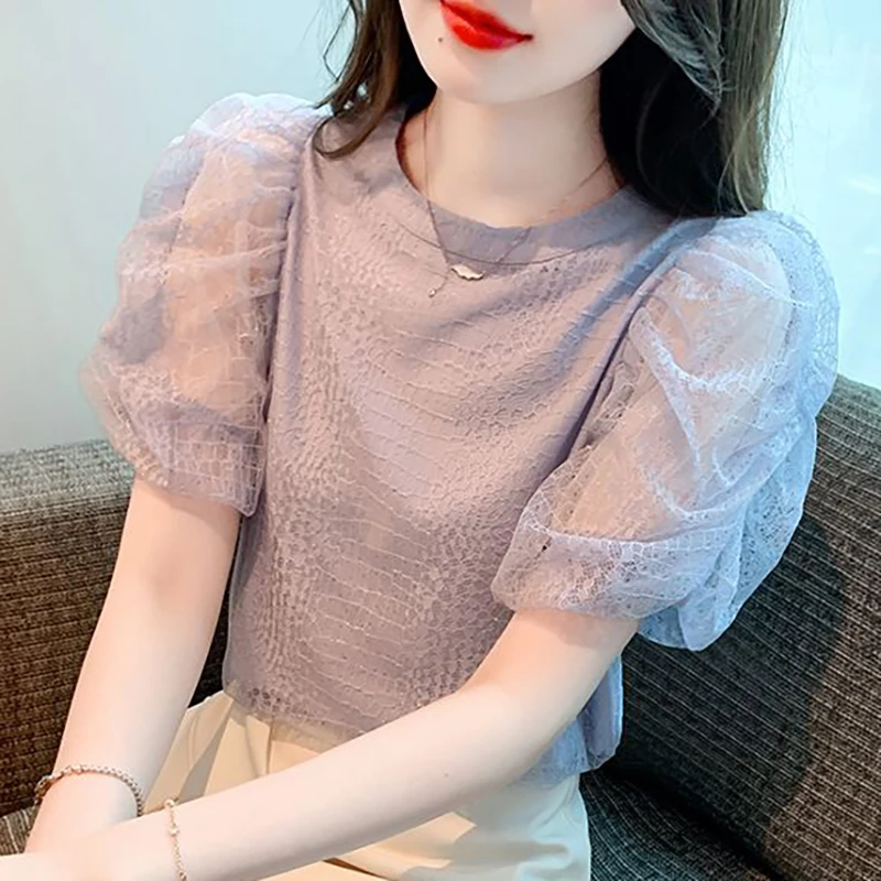 

Fashion O-Neck Lace Solid Color Gauze Puff Sleeve Blouses Female Clothing 2024 Summer New Loose All-match Tops Sweet Shirts