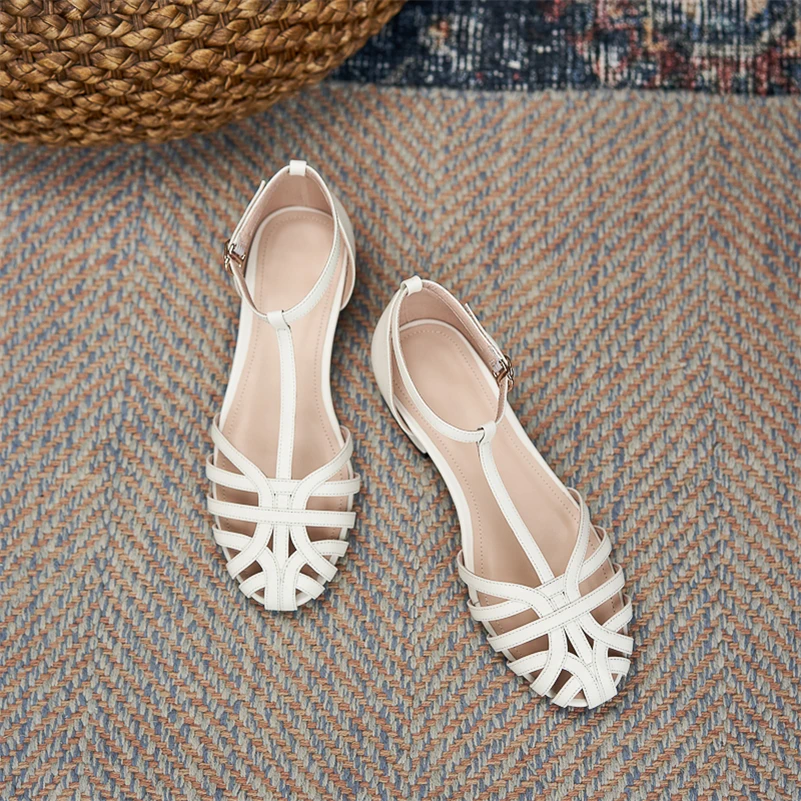 Meotina Women Genuine Leather Gladiator Shoes Super Low Heel Summer Sandals Thick Heels Buckle T-Strap Ladies Footwear Apricot