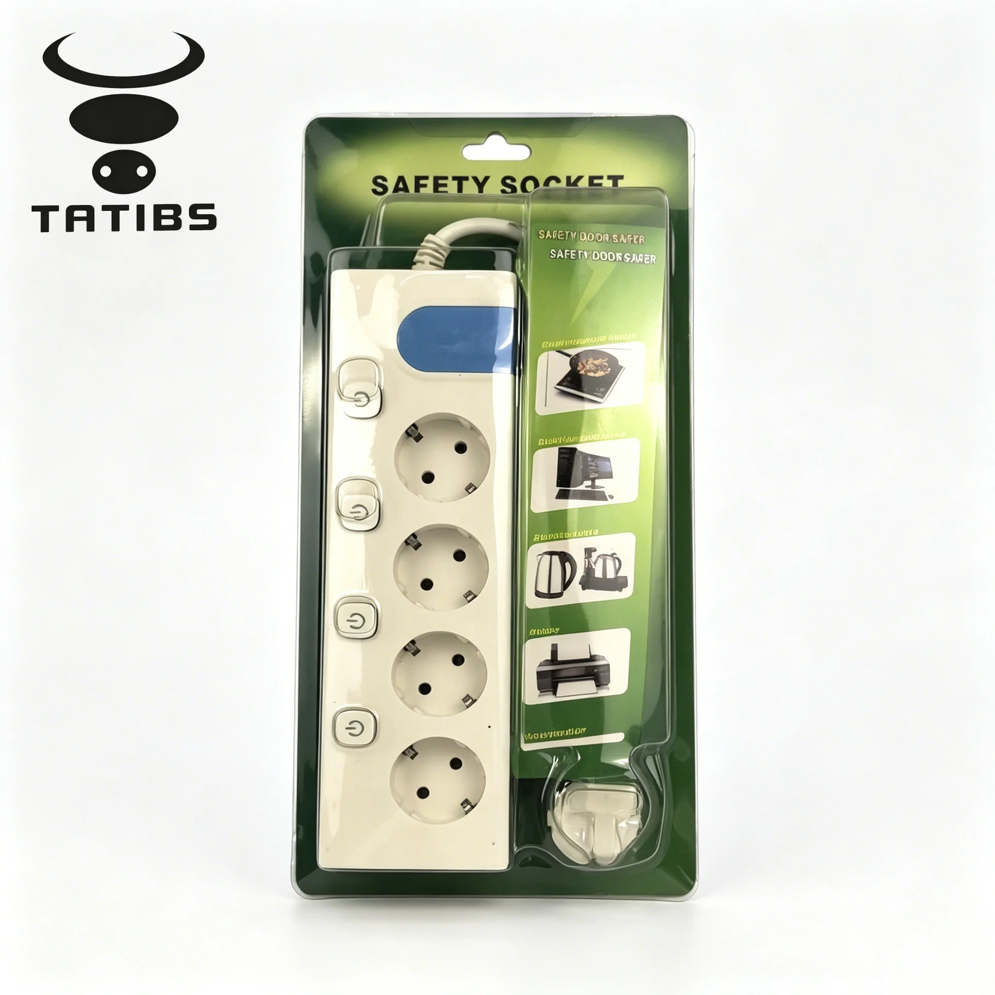 TATIBS 4 Way Schuko Power Strip with Individual Switches Overload Protection Extension Cord Child Safety Socket Home Office Dorm