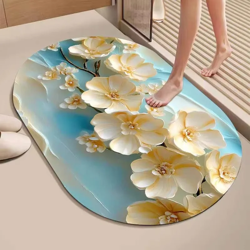 Floral Bathroom Door Rug, Water Absorbent Non-slip Floor Mat for Washroom Entry