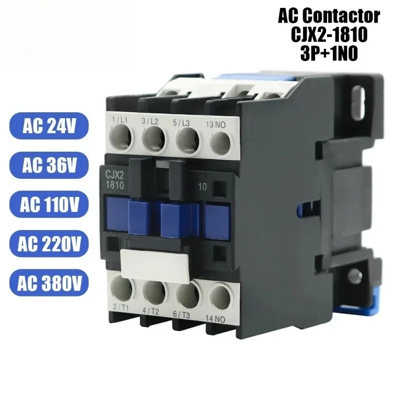 CJX2-1810 LC1 AC Contactor 18A 3 Phase 3-Pole NO Coil Voltage 380V 220V 110V 36V 24V 50/60Hz Din Rail Mounted 3P+1NO Normal Open