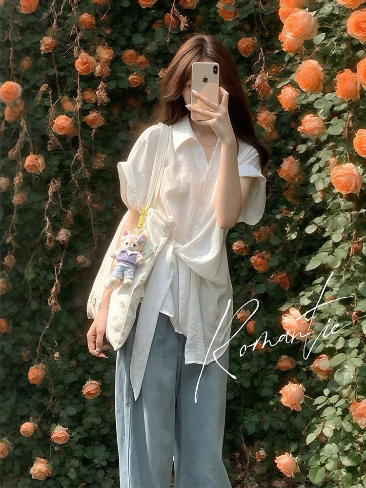 

Summer New White Shirt And Wide Leg Jeans Fashion Set plus Size Korean Style Comfortable High Waist Trousers Collar Design