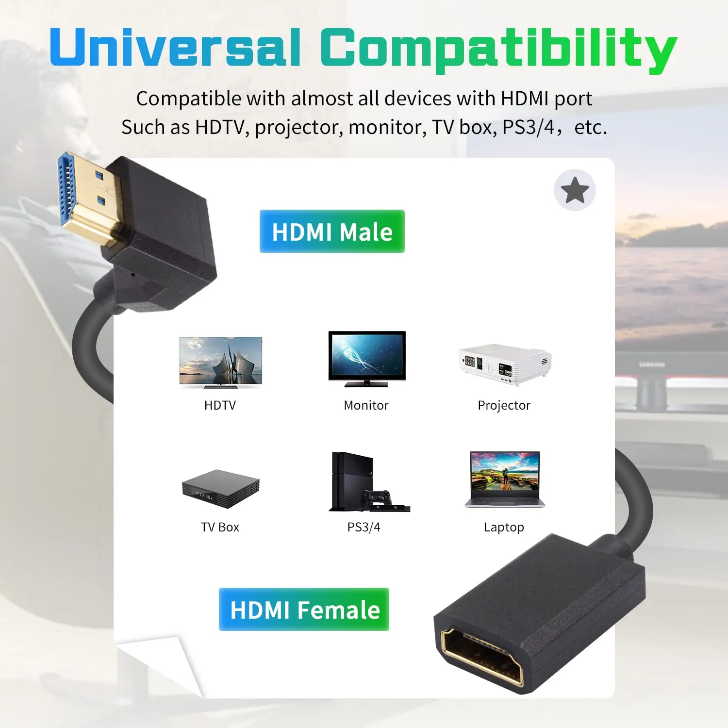 HDMI 2.1 Extension Cable HDMI Extender Cable Elbow Angle HDMI Male to Female 60Hz 4K Gold Plated For Displayer Monitor Tablet