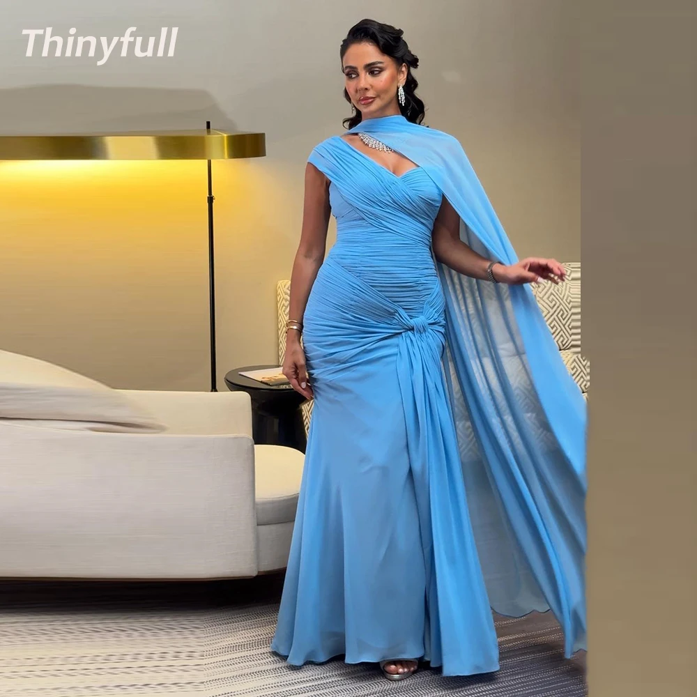 

Thinyfull Mermaid Chiffon Prom Dresses One Shoulder Sleeveless Pleat Evening Dress Holiday Style Gown Robe De Soirée Customized