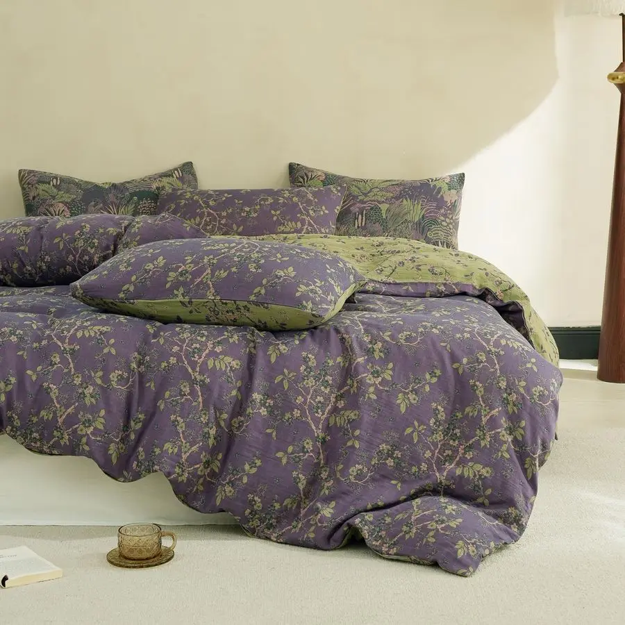 

Muslin Duvet Cover Set Queen Size, 100 Washed Cotton 3 Pieces YarnDyed Vintage Purple Floral Jacquard Textured Bedding, Soft amp