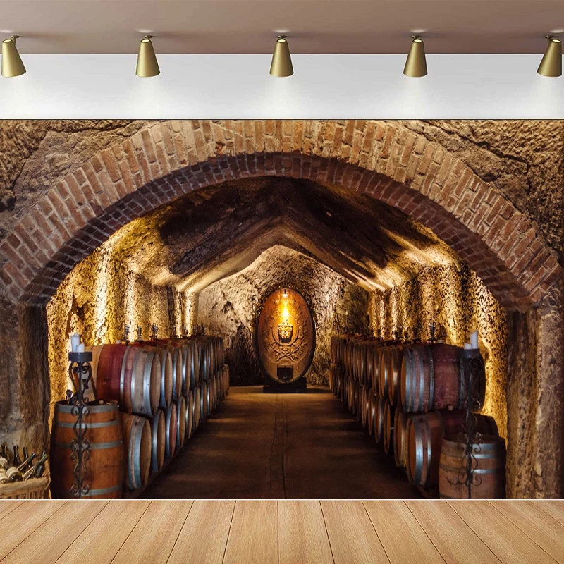 Vintage Wine Cellar Photography Backdrop Winery Underground Storage Room Arch Brick Wall Wooden Barrels Bar Club Background