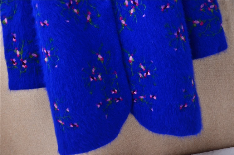 สุภาพสตรีผู้หญิงฤดูใบไม้ร่วงฤดูหนาวเสื้อผ้าสีฟ้าเย็บปักถักร้อยโครเชต์ Hairy Mink Cashmere ถักแขนยาวหลวมเสื้อสเวตเตอร์ถักเสื้อ