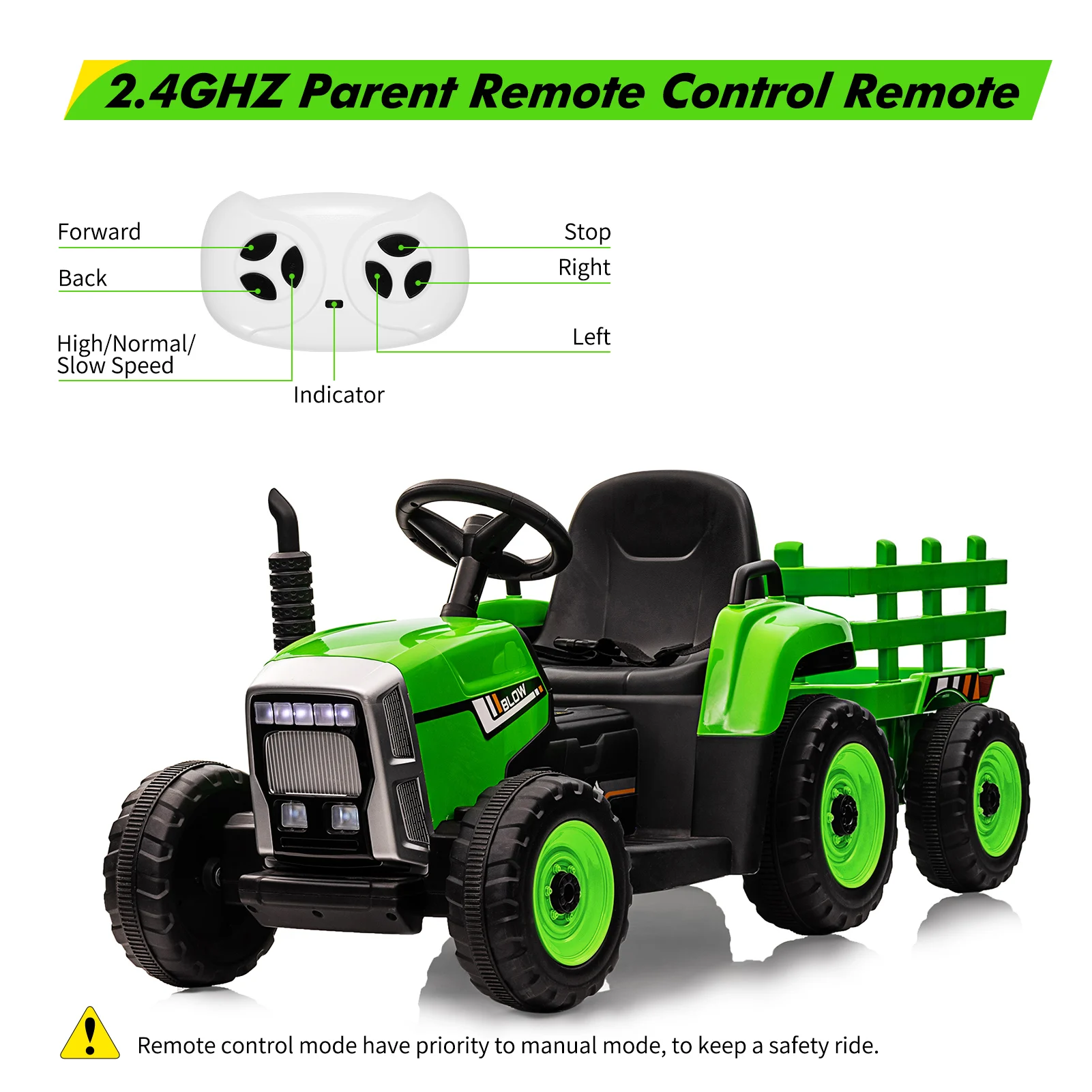 12V oprit-op tractor met aanhangwagen en afstandsbediening, elektrisch voertuig op batterijen voor jongens en meisjes, langzame start