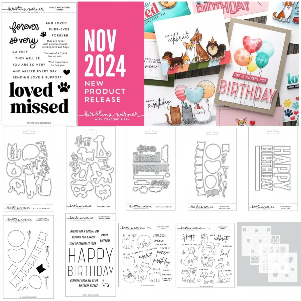 

2024 New Birthday Banner and Balloons Puppy Cat Clear Stamps Metal Cutting Dies Stencil for DIY Decorating Scrapbook Paper Card