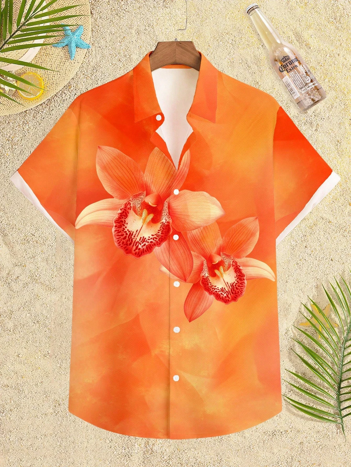 

Men's Orange Tropical Floral All-Over Print Casual Short Sleeve Shirt