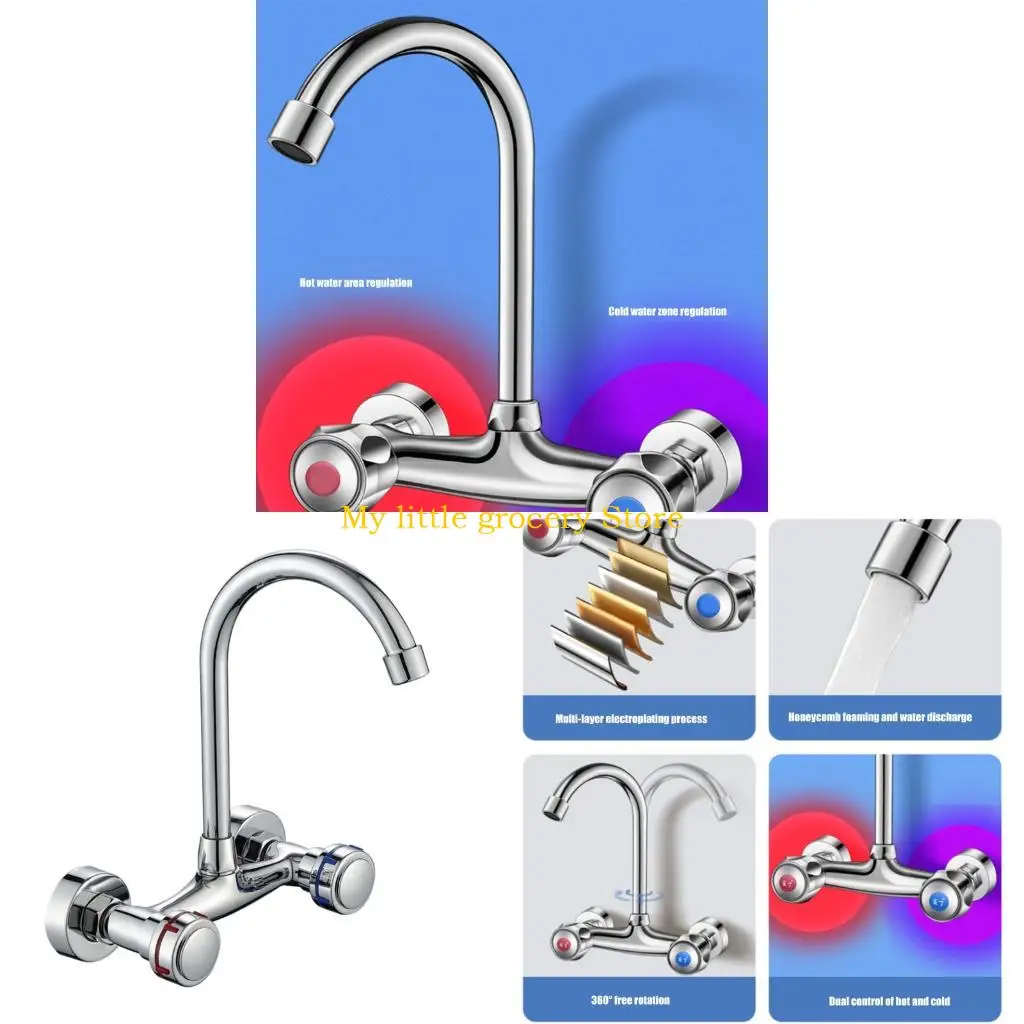 

D5BD Modern Wall Mount Double Handle Faucet 360 Degree Rotations Spouts Space Saving Design For Kitchen Sink Applications