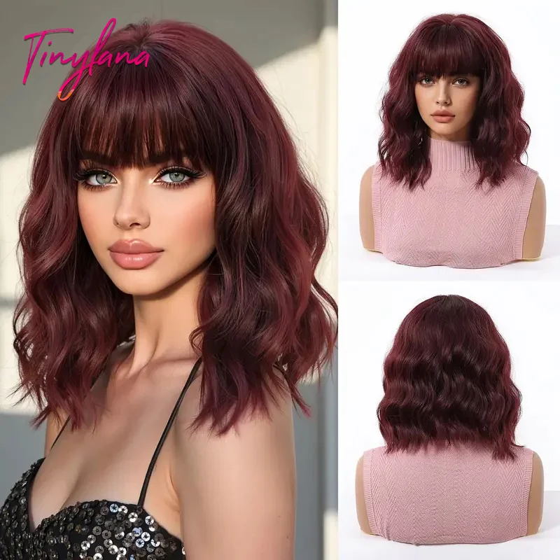 

Short Bob Dark Wine Red Wavy Synthetic Wigs with Bangs Lolita Cosplay Curly Red Wig for Women Natural Daily Hair Heat Resistant