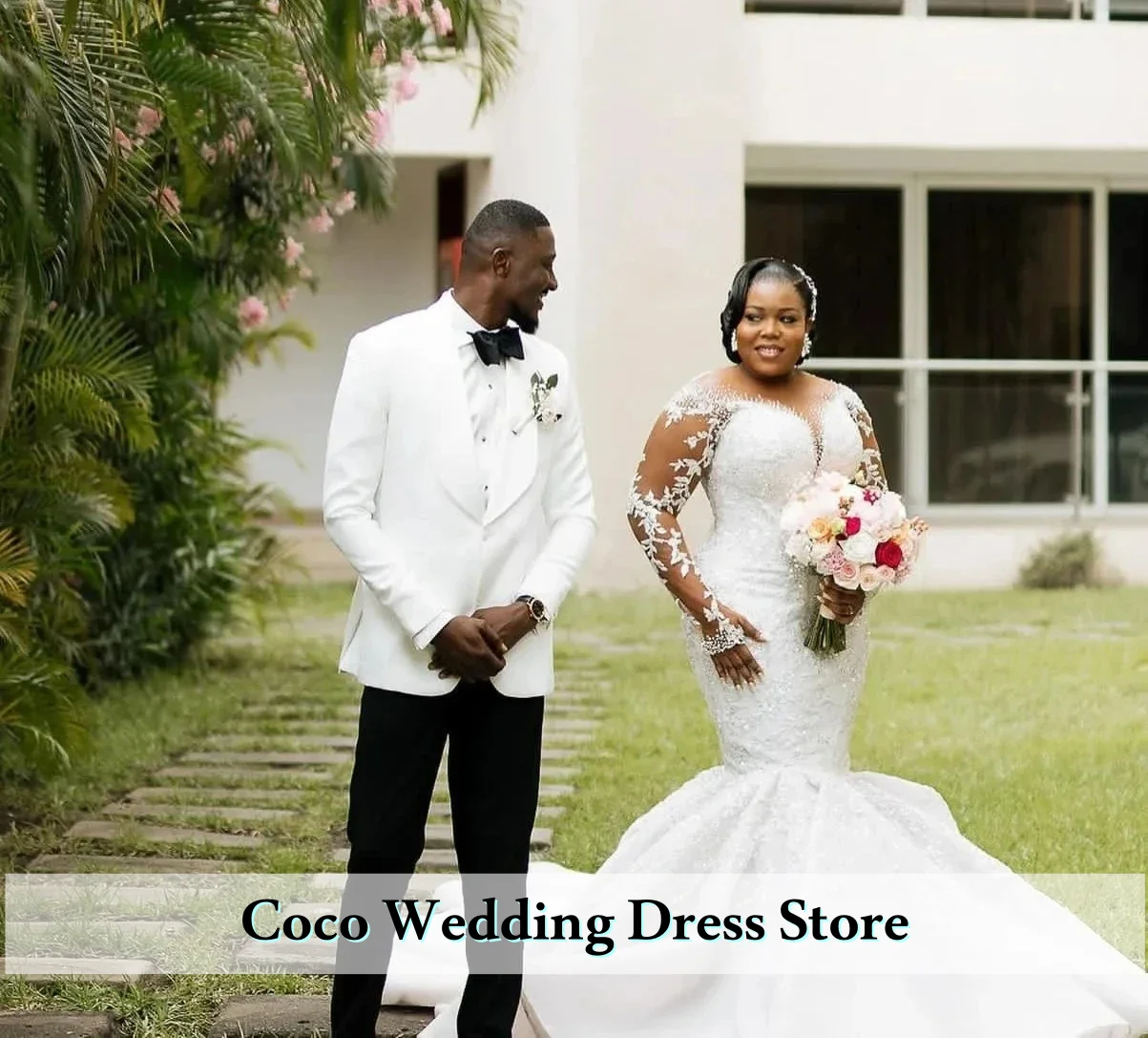 Customized Luxury Africa Plus Size Long Sleeves Wedding Dresses Bridal Gowns Lace Crystal Beads Illusion Jewel Neck Mermaid