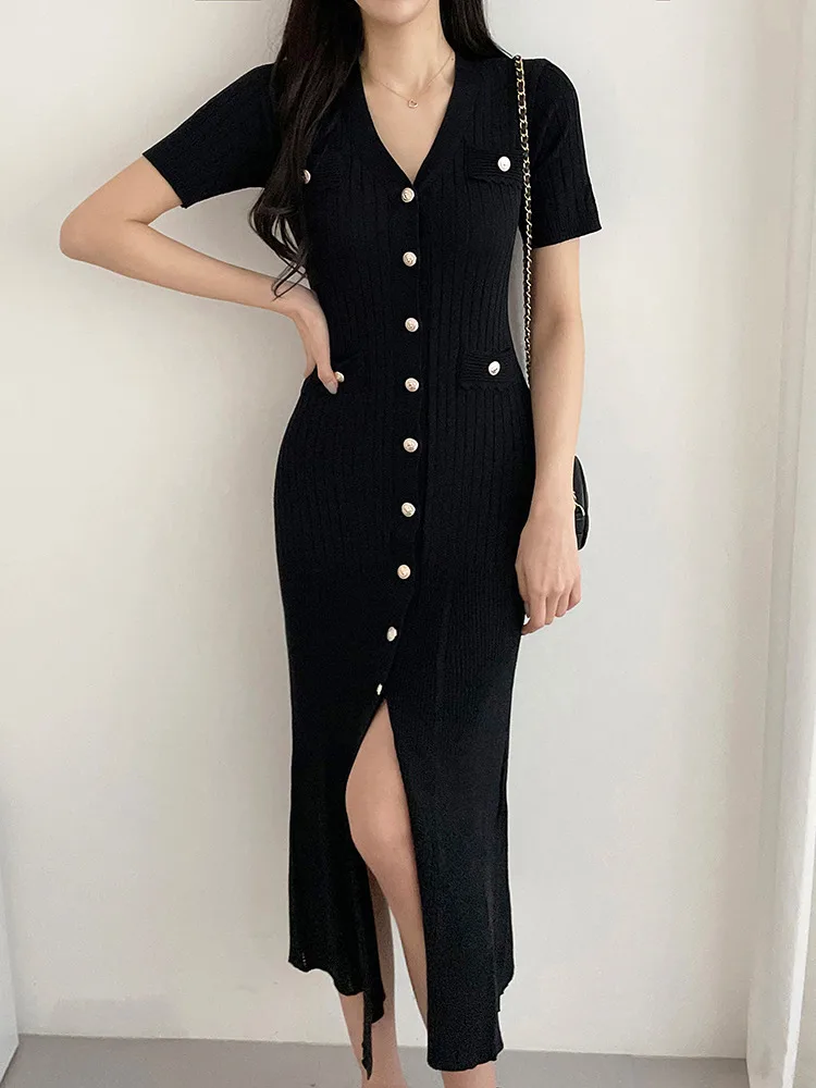 Vestido Midi Slim Fit de Malha Preta com Decote em V, Csola de Camada Base, Estilo Casual para o Dia a Dia, Moda Fena ...