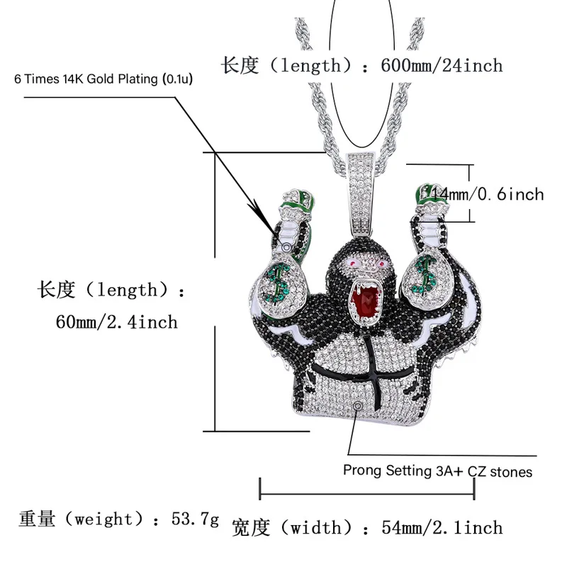 Hip Hop Micro Paved CZ Stone Bling Ice Out  Holding Dollars Money Bag Gorilla Pendants Necklace for Men Rapper Jewelry