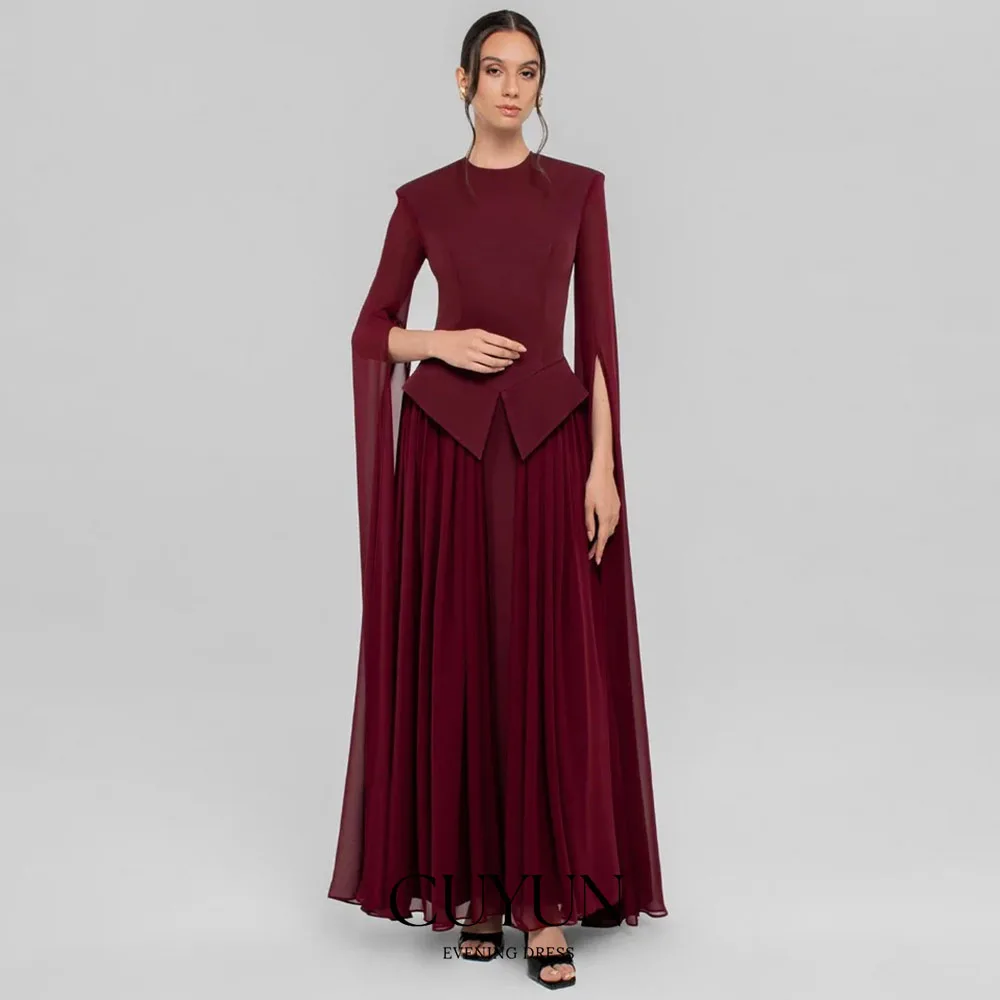 CUYUN Maßgeschneidertes Damen-Abendkleid mit Cape-Ärmeln, Chiffon und Jersey-Abschlussballkleid, formelles Dinner-Partykleid, elegante burgunderrote Kleider