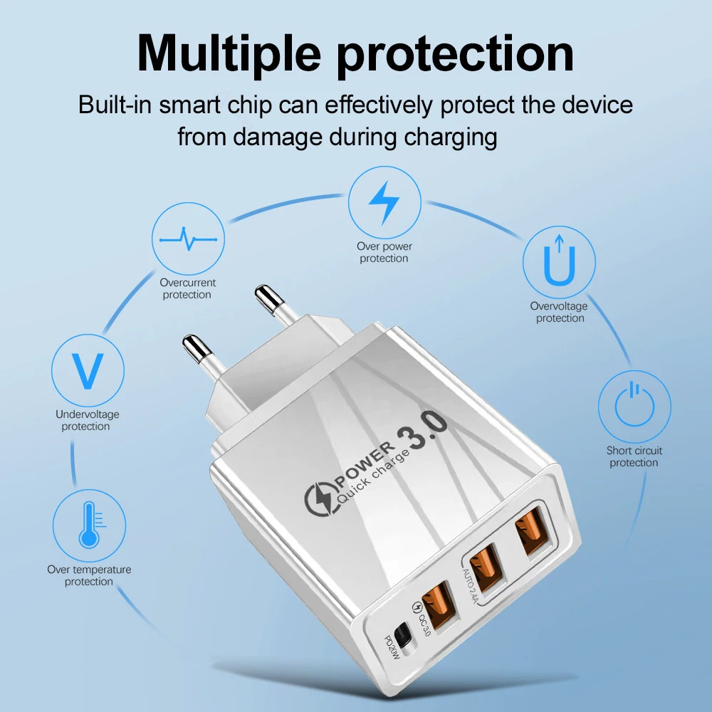 48W USB Charger QC 3.0 Type C PD Fast Charge For iPhone 12 13 Max Samsung S21 Huawei Xiaomi Mobile Phone EU/US Plug Wall Charger